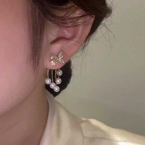 NEW - Gold bow dangle faux pearl dangle earrings, Bow jewelry, Gold dangle